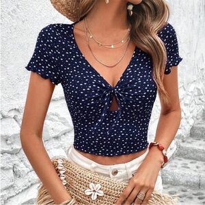 Navy Blue Small Cropped Top with White Hearts Low
Cut Sexy Flattering Tie Front